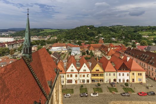 Aerial view of the St. Egidius Giles Basilica roof in old town square in Bardejov by day, Slovakia