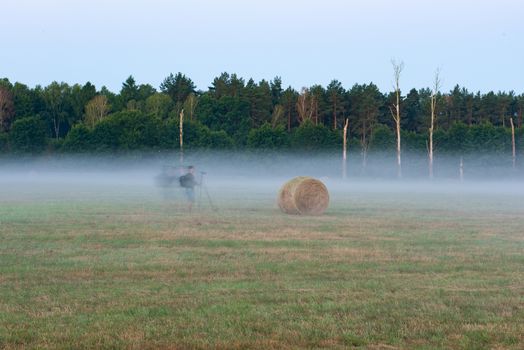 fog and haybale in the meadow in sunny summer morning