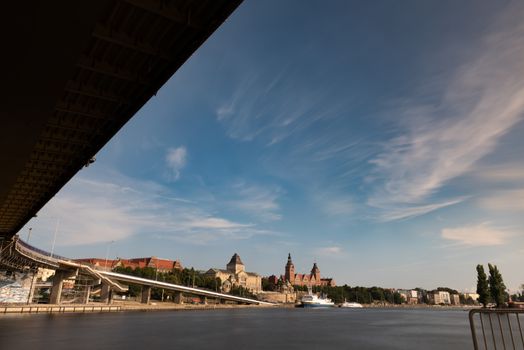 Left bank of the Oder river in Szczecin with the maritime museum and the terraces