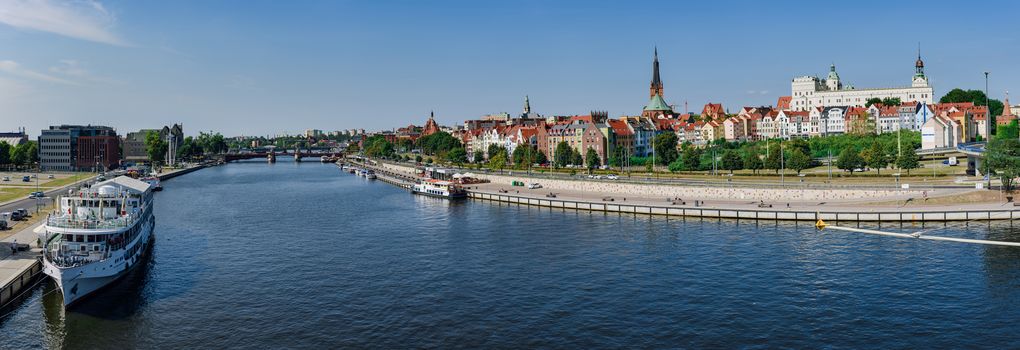 Left bank of the Oder river in Szczecin with the maritime museum and the terraces