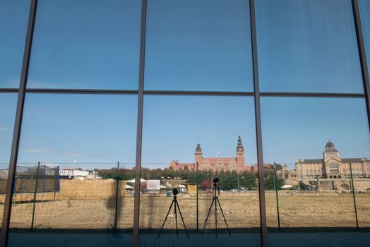 Cityscape with Odra river. Szczecin historical city with architectural layout similar to Paris. Castle of Pomeranian dukes in Szczecin and Basilica of Saint James