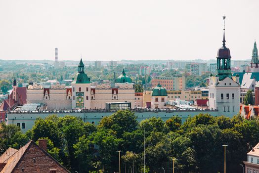 Cityscape with Odra river. Szczecin historical city with architectural layout similar to Paris. Castle of Pomeranian dukes in Szczecin and Basilica of Saint James