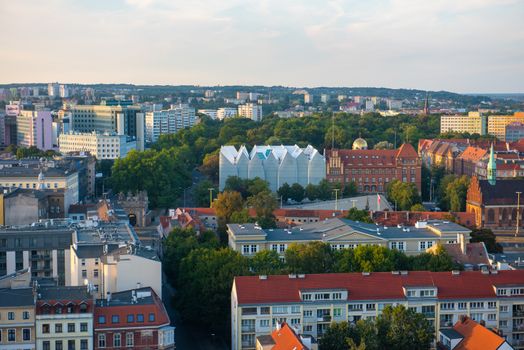 Left bank of the Oder river in Szczecin with the maritime museum and the terraces