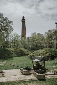 Polish flag hung on at historical lighthouse located in Swinoujscie, Poland, The construction was build in 1828 and height is 65 meters. 19th century. Top tallest Lighthouse in the World