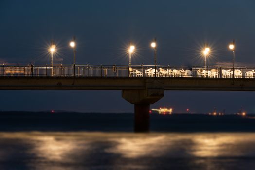 Baltic sea at beautiful sunset in Miedzyzdroje beach, city where the festival of stars takes place every year . Polish baltic coast. Famous city among the tourist. Pier at sunset