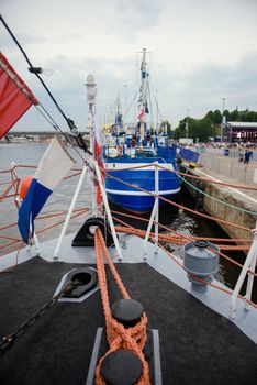 Moored sailing ships in Szczecin at The Chrobry Embankment area