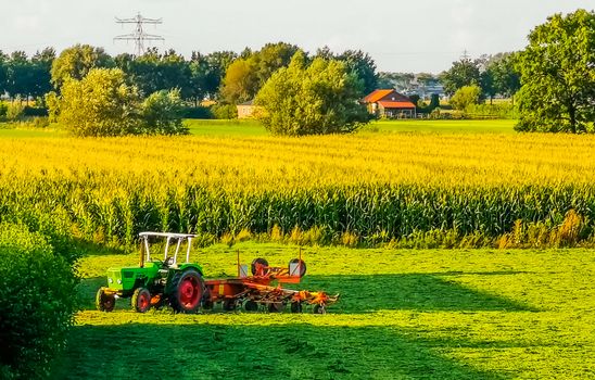 beautiful farmlands of rhenen city with a tractor, Rural scenery in the netherlands