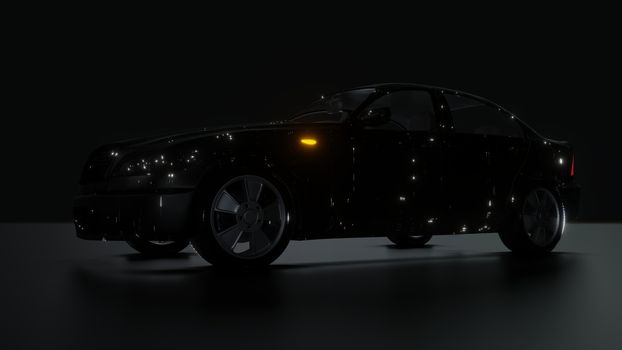 Black Brandless Car on Dark Background. 3D illustration. Futuristic car paint with bright luminous chaotic patterns