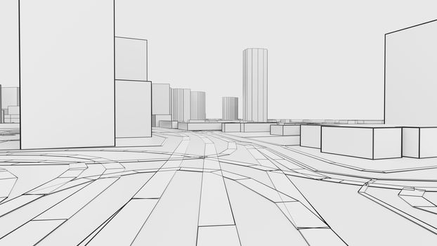 A schematic drawing or sketch of a 3D white city with buildings and roads. Outline style. 3D illustration. Construction industry concept