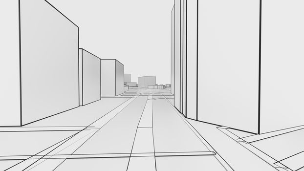 A schematic drawing or sketch of a 3D white city with buildings and roads. Outline style. 3D illustration. Construction industry concept