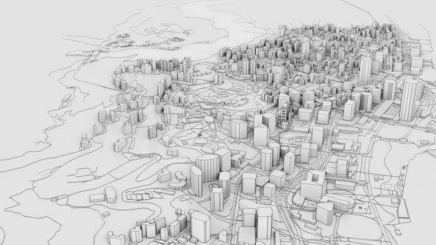 3D white city model. Outline 3D illustration. City with buildings, roads, spending and green areas. Aerial view. Construction concept