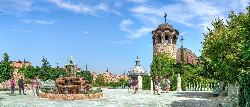 Ravadinovo, Bulgaria – 07.11.2019.  Fountain in the square near the church on the territory of the Ravadinovo castle in Bulgaria, on a sunny summer day