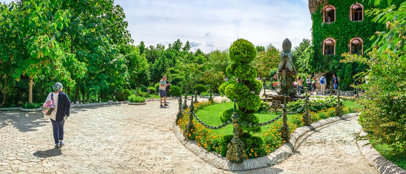 Ravadinovo, Bulgaria – 07.11.2019.  Square with a fountain in the castle of Ravadinovo Park, Bulgaria, on a sunny summer day