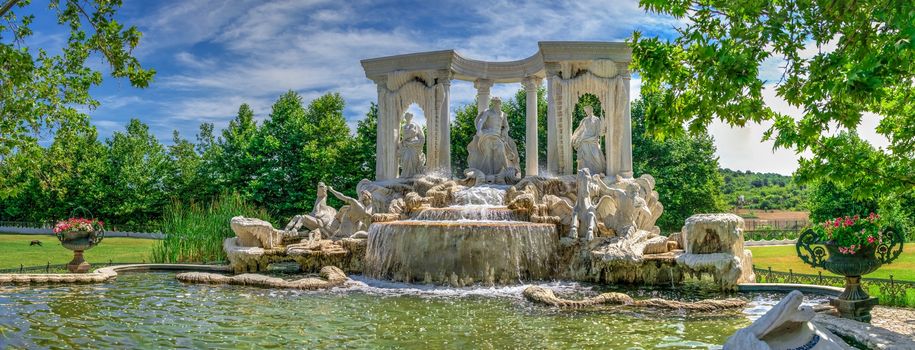 Ravadinovo, Bulgaria – 07.11.2019.  Large antique fountain in the form of a sculptural composition in the castle of Ravadinovo, Bulgaria, on a sunny summer day