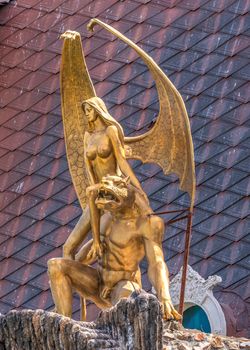 Ravadinovo, Bulgaria – 07.11.2019.  Sculpture on the roof of the castle of Ravadinovo, Bulgaria, on a summer sunny day