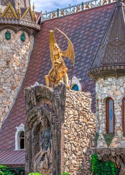 Ravadinovo, Bulgaria – 07.11.2019.  Sculpture on the roof of the castle of Ravadinovo, Bulgaria, on a summer sunny day