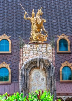 Ravadinovo, Bulgaria – 07.11.2019.  Sculpture on the roof of the castle of Ravadinovo, Bulgaria, on a summer sunny day