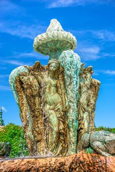 Ravadinovo, Bulgaria – 07.11.2019.  Fountain in the square near the church on the territory of the Ravadinovo castle in Bulgaria, on a sunny summer day