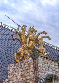 Ravadinovo, Bulgaria – 07.11.2019.  Sculpture on the roof of the castle of Ravadinovo, Bulgaria, on a summer sunny day