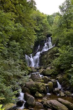 The Torc waterfall in Ireland cascades down in the forrest of the Killarney National Park in Ireland.
