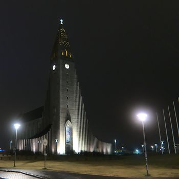 This famous building can be found in Reykjavik, Iceland. Shot during the night in 2019 during the autumn.