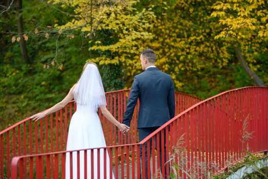 Bride and groom at a photo session in the nature.