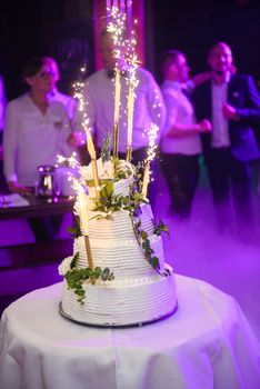 Delicious Wedding Cake at the party. Smoke and fire effects