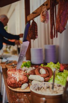 traditional polish rural table with food at the wedding.