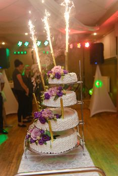 Delicious Wedding Cake at the party. Smoke and fire effects