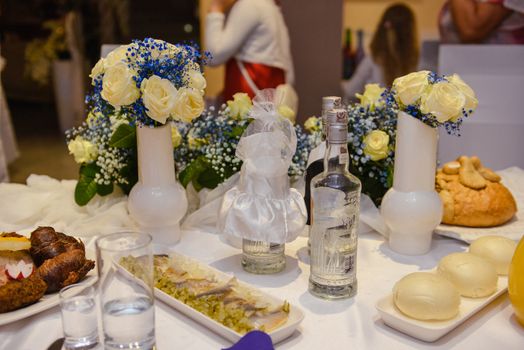 traditional polish rural table with food at the wedding.