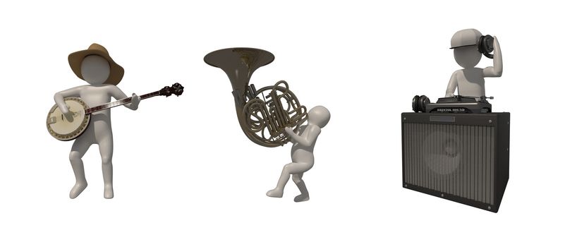 3d illustrator group of career musician symbols on a gray background, 3d rendering of the Music player. Includes a selection path.