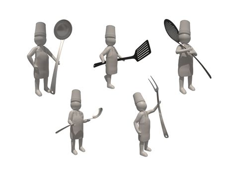3d illustrator group of career chef symbols on a gray background, 3d rendering of the cooking. Includes a selection path.