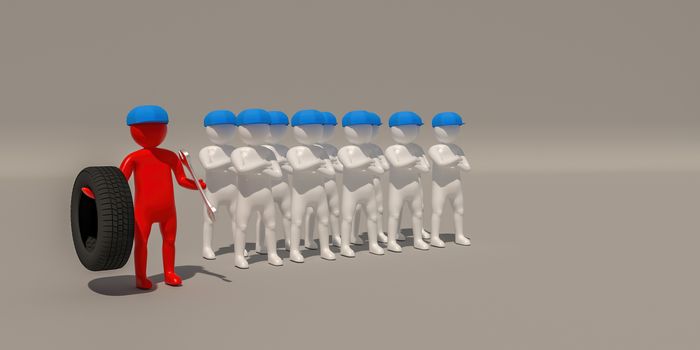 3d illustrator group of tire repairer symbols on gray background, 3d rendering of the playing football. Includes selection path.