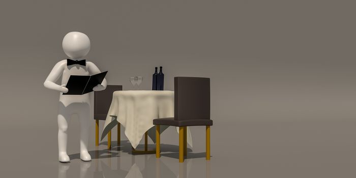 3d illustrator group of career symbols on a gray background, 3d rendering of the Waiter at restaurant. Includes a selection path.