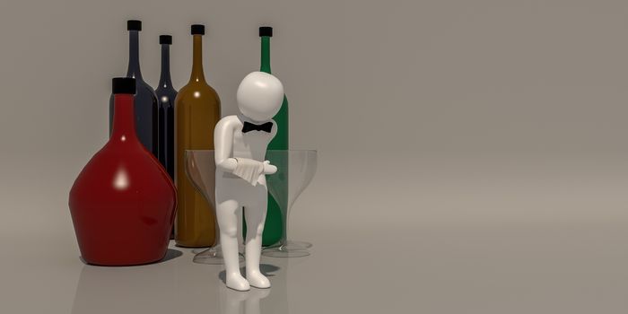 3d illustrator group of career symbols on a gray background, 3d rendering of the Waiter at restaurant. Includes a selection path.