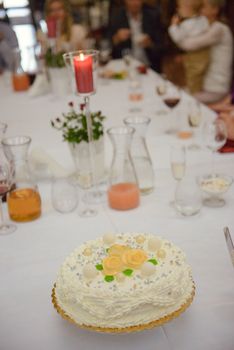 Delicious Wedding Cake at the party. Smoke and fire effects