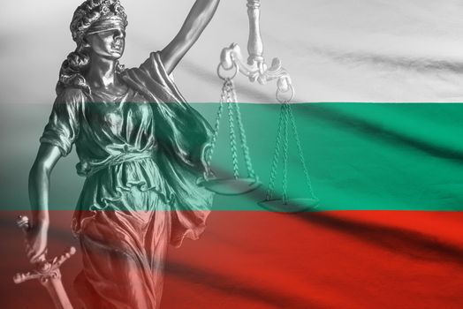 Statue of Justice holding flags and sword in a composite image over the flag of Bulgaria with copy space