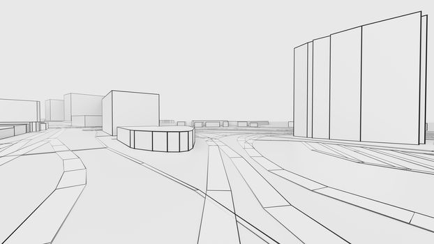 A schematic drawing or sketch of a 3D white city with buildings and roads. Outline style. 3D illustration. Construction industry concept