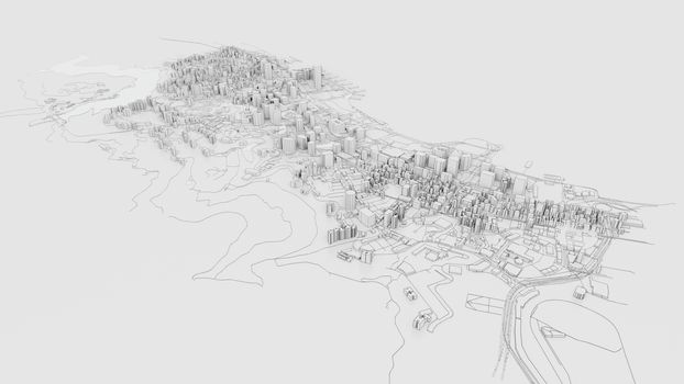3D white city model. Outline 3D illustration. City with buildings, roads, spending and green areas. Aerial view. Construction concept