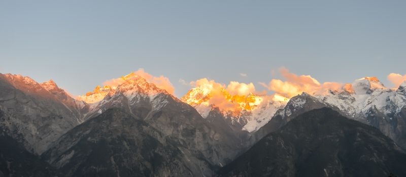Mount Kailash or Kailasa Mountain Himalayan ranges (Tibetan name Gangs Rinpoche means Precious Snow Mountain) sacred place of Lord Shiva in sunset Sun light. View from Kinnaur, Himachal Pradesh India.
