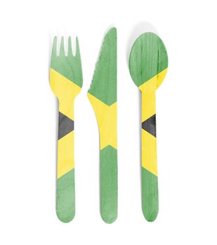 Eco friendly wooden cutlery - Plastic free concept - Isolated - Flag of Jamaica