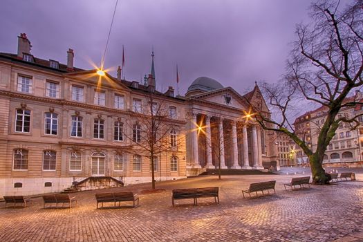 very nice view of Saint Pierre Cathedral square in Geneva in Switzerland and light