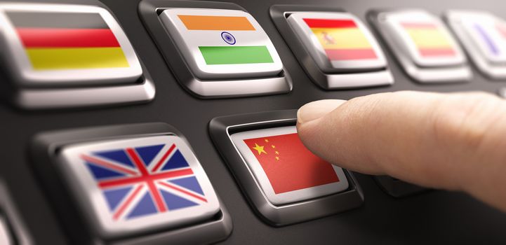 Finger pressing multilingual translation buttons with different flags and choosing chinese language. Composite image between a hand photography and a 3D background.