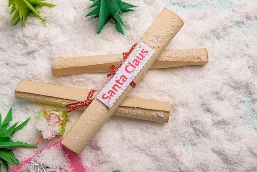 old tied up letters for Santa Claus, view from above.