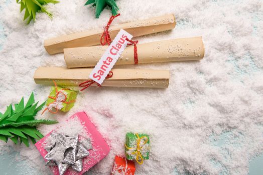 old tied up letters for Santa Claus, view from above.