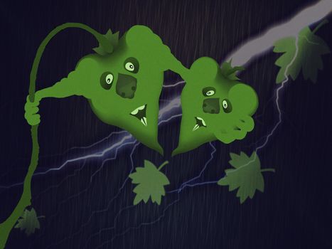 Two peppers in the rain, an abstract joke illustration showing how peppers feel in bad weather