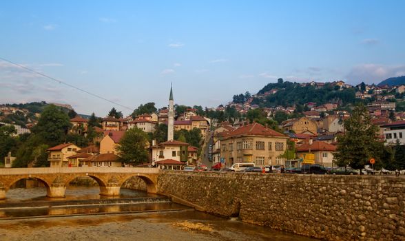 great view of Sarajevo with a minaret and sky blue