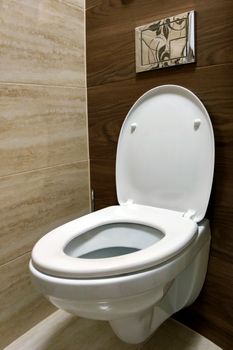 Mounted toilet bowl. Open toilet seat