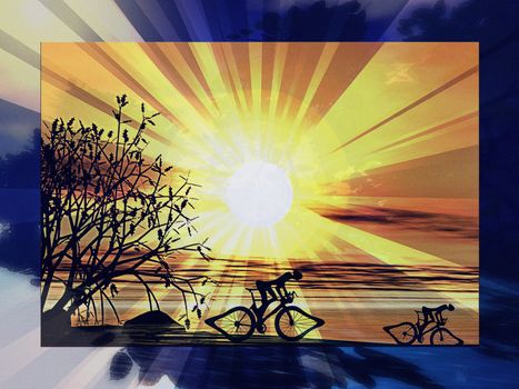 Riding a bike at dawn, an abstract textured illustration showing two athletes competing outdoors