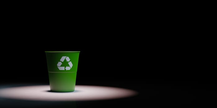One Green Plastic Bin with Recycle Sign Spotlighted on Black Background with Copy Space 3D Illustration